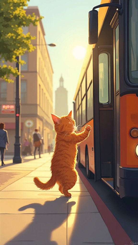 Als de bus bij zijn halte komt, staat de kat op. Hij wacht bij de deuren, geduldig en vol vertrouwen. De deuren gaan ...