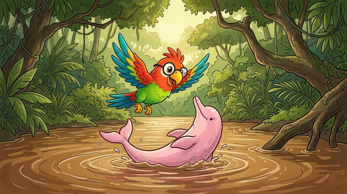 Sedan rullade en slät rosa rygg upp ur vattnet. Polly flög lägre. Rosa delfiner lever i Amazonas, långt från havet. D...