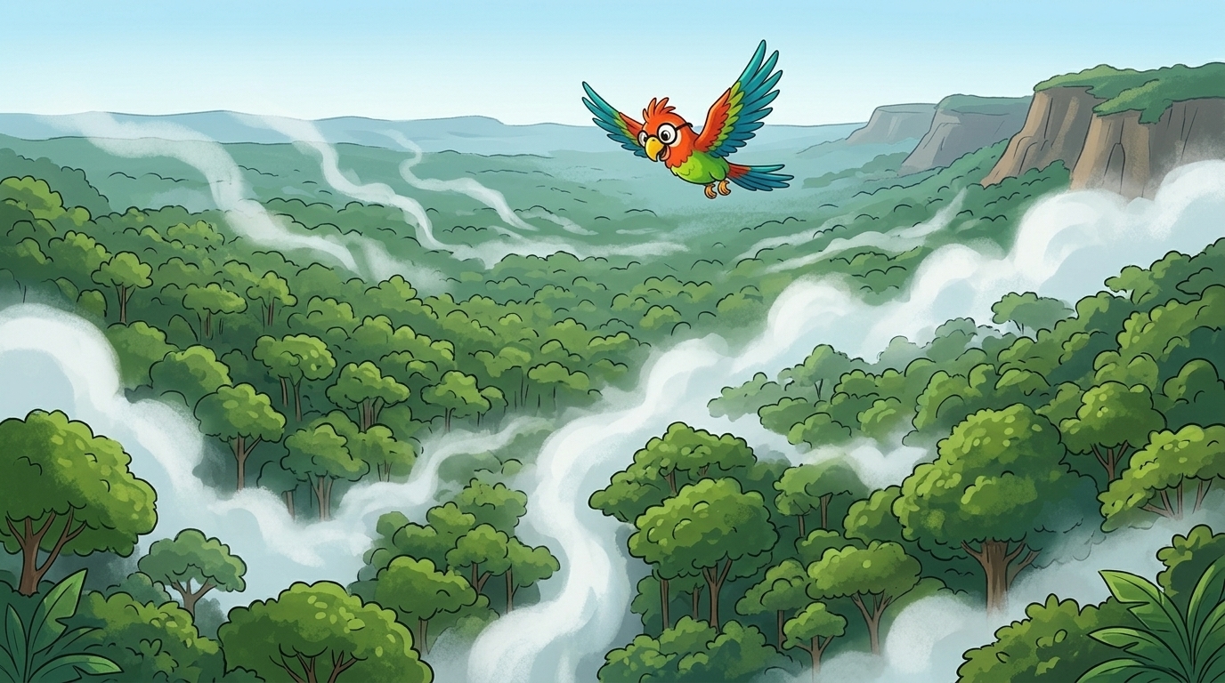 Från högt uppe såg hon vad skogen gjorde. Dimman var vatten från löven. Det steg upp mot himlen. Sedan drog det långt...
