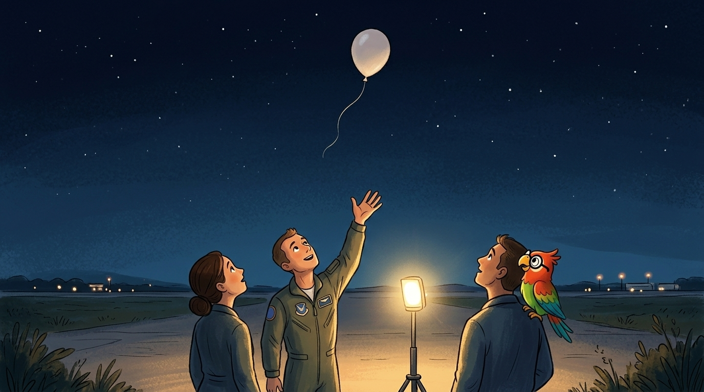Der Pilot hielt einen kleinen Heliumballon an einer Schnur. Er ließ ihn los, und alle sahen ihm nach, wie er in die D...