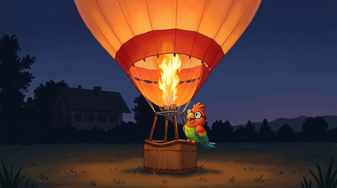 Dann kam das Feuer. Der Pilot drückte den Griff des Brenners, und eine lange Flamme brüllte in den Ballon. Ein Atemzu...