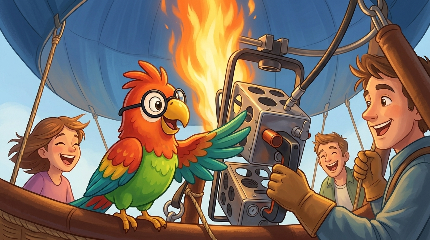 Im Korb hielt der Pilot sie nah an den Griff des Brenners. "Jetzt du", sagte er. Polly drückte mit ihm. Ein Atemzug a...