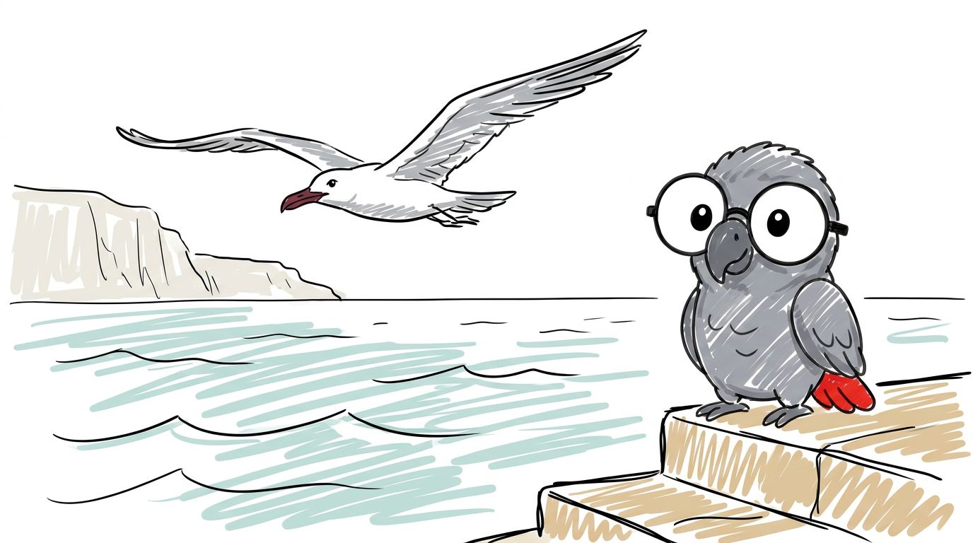 En måge flyver forbi. Denne måge følger ikke efter både. Den tager ikke mad fra folk. Den fanger sin egen fisk i havet.