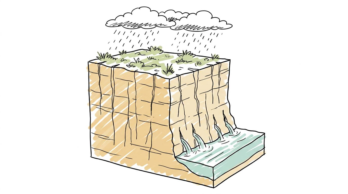 La pioggia cade sulla terra in alto. La roccia lassù è calcare. L'acqua entra dentro di essa. Viaggia giù dentro la p...