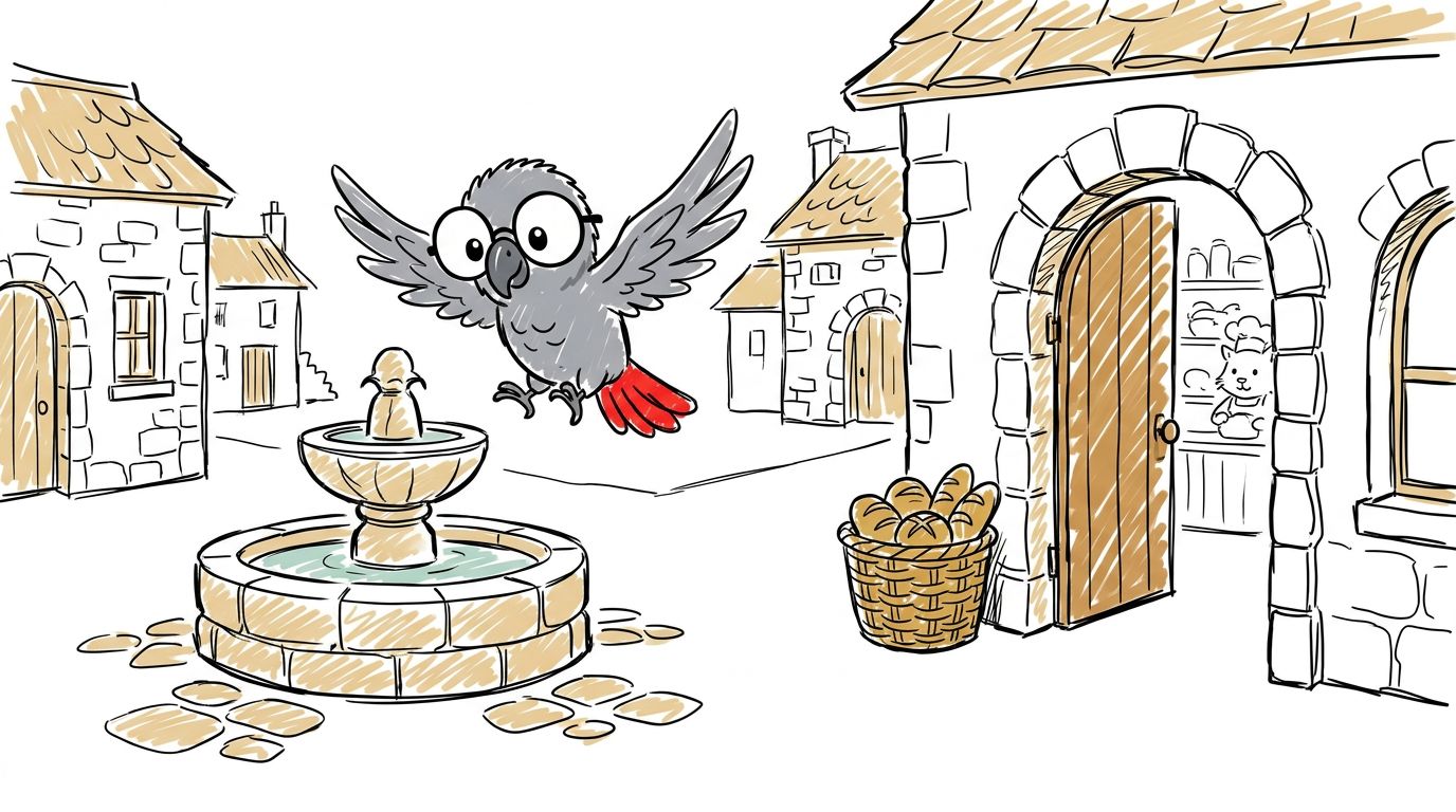 Polly laskeutuu pienelle aukiolle. Siellä on pieni suihkulähde. Hän haistaa tuoreen leivän. Kaukana hän kuulee lampaa...