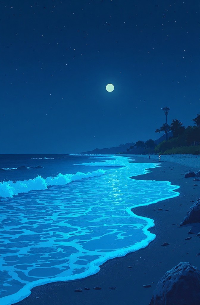Het strand dat in de nacht blauw gloeit