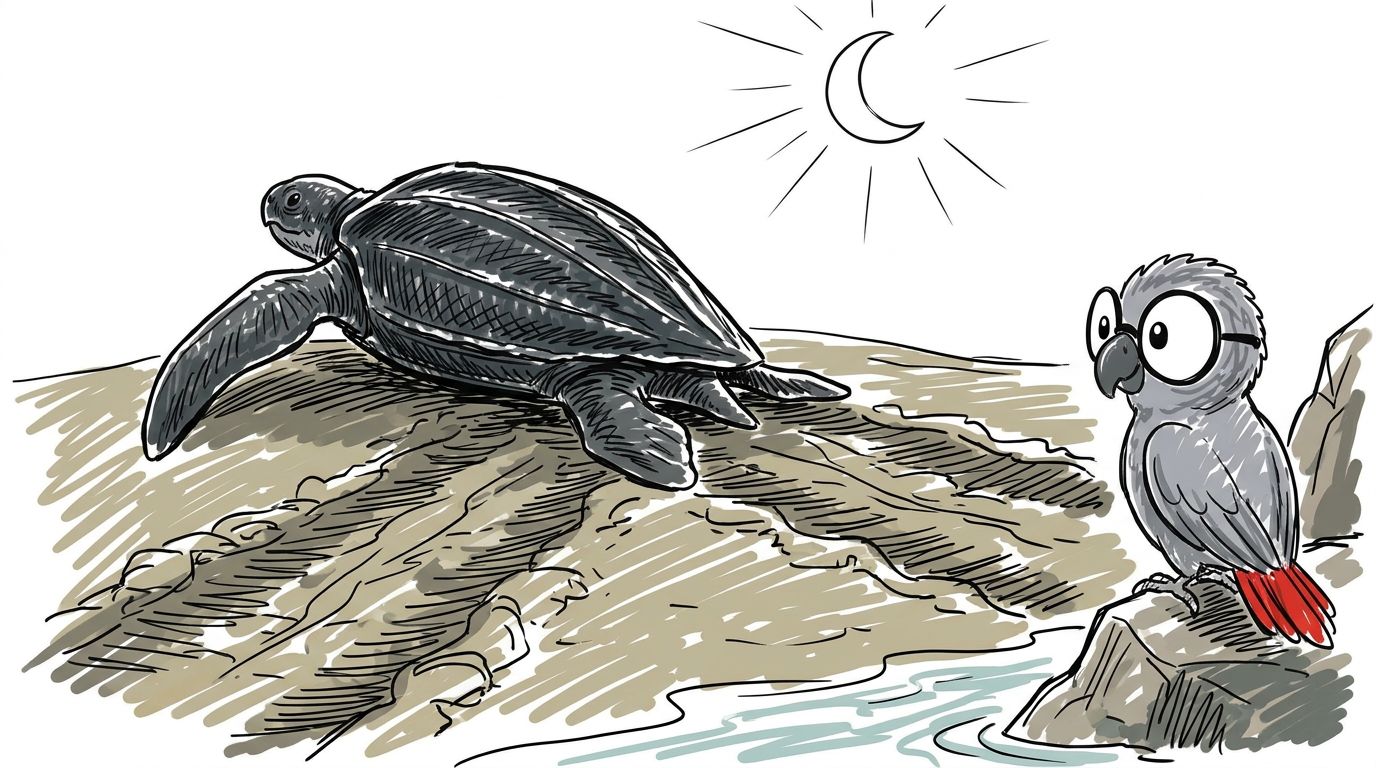 Keväällä isot merikilpikonnat tulevat rantaan yöllä. Ne munivat munansa hiekkaan. Aamulla niiden jäljet näkyvät hieka...