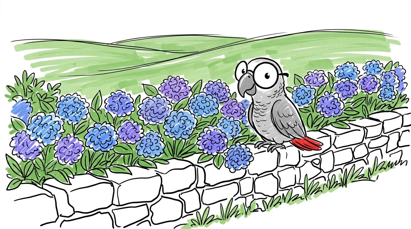 De meeste akkers hier hebben een haag van hortensia's: blauw, paars en soms roze. Boeren brachten de planten lang gel...