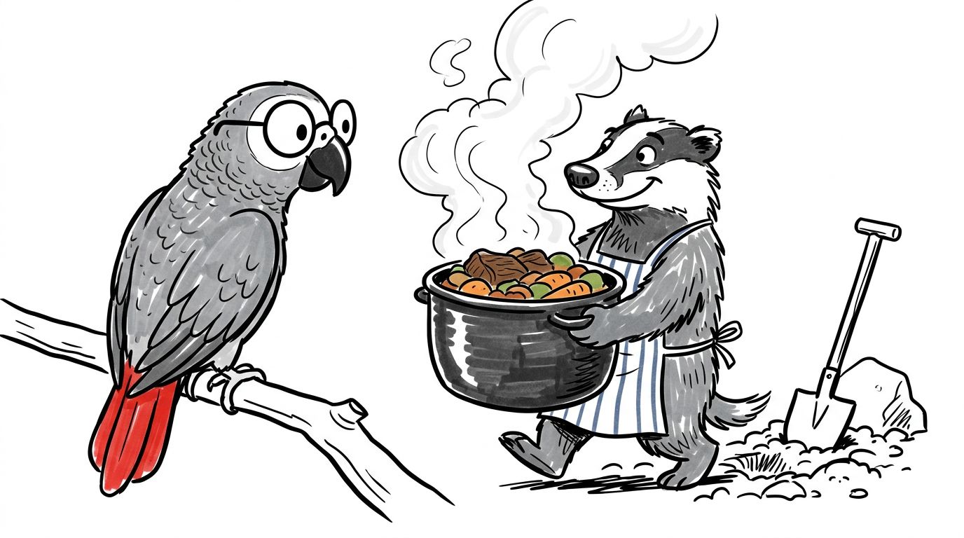 Höyryä tuli ulos, kun ensimmäinen pata avattiin. Se tuoksui hyvältä. Polly katseli, kun kokki kantoi sen iloisena pois.
