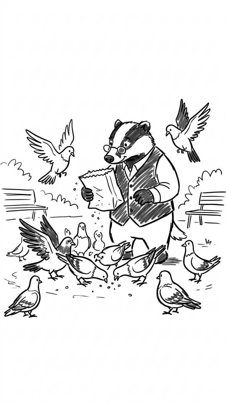 Mr. Badger arrives at ten, always at the same time. He brings bread for the pigeons and they surround him at once. I ...