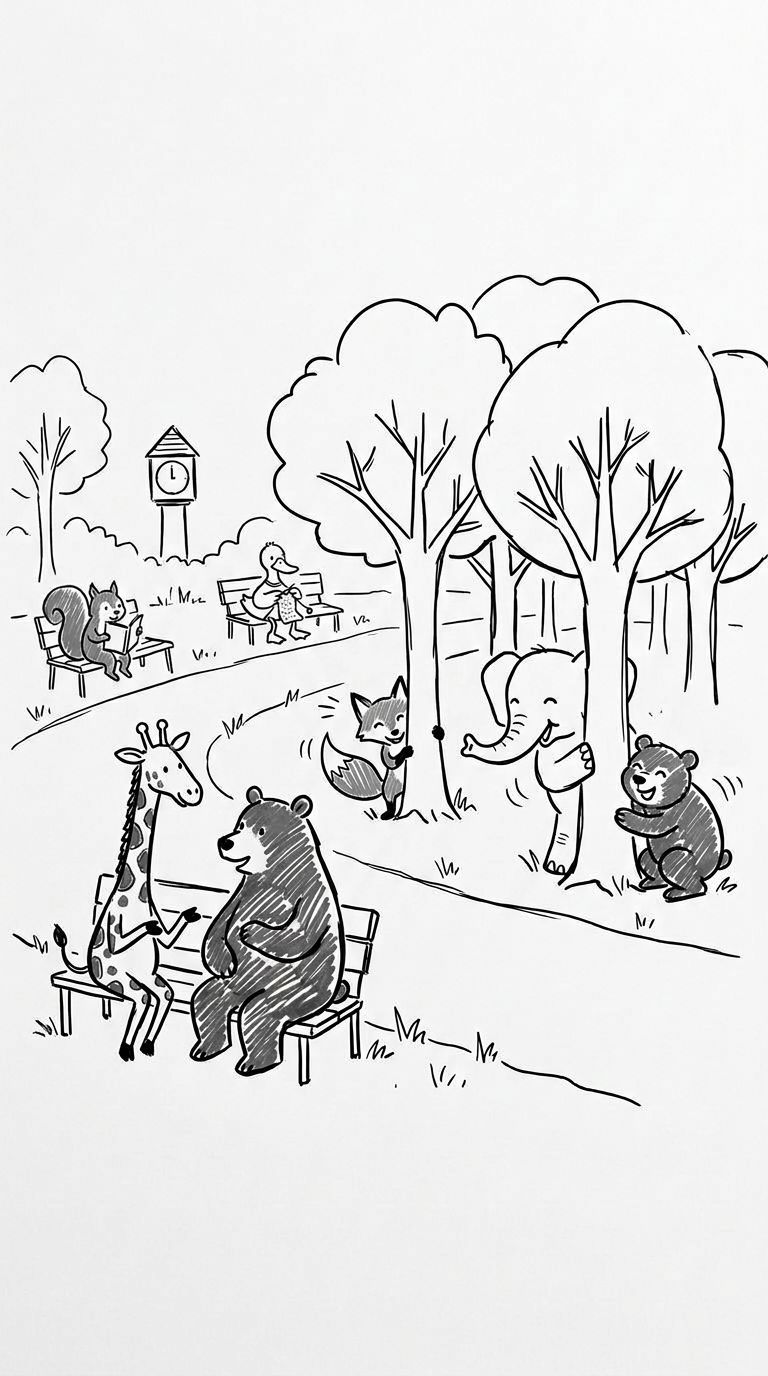 On Saturdays the park changes. The families arrive and the little ones play hide and seek among the trees. They hide ...