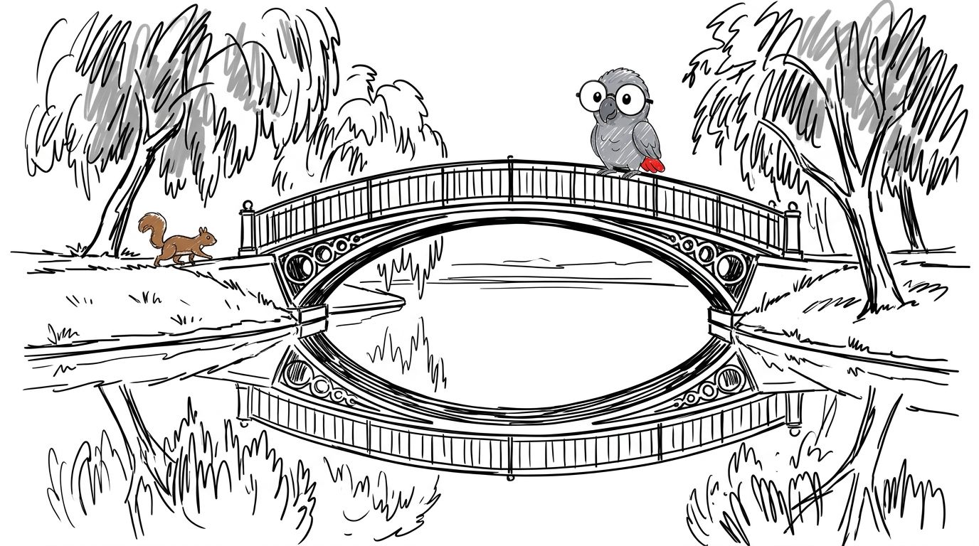 Cerca del lago se alza un puente de hierro fundido, construido en mil ochocientos sesenta y dos, cuya curva se reflej...