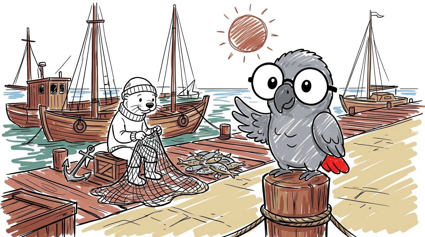 Down at the port a fisher sat beside his boat, mending nets with the quick, absent skill of someone whose hands know ...